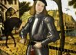 stylized art of a knight in armor with a castle in the background.