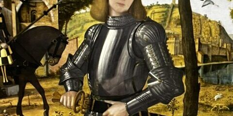 IMG_1604 – Karen Kysar stylized art of a knight in armor with a castle in the background.