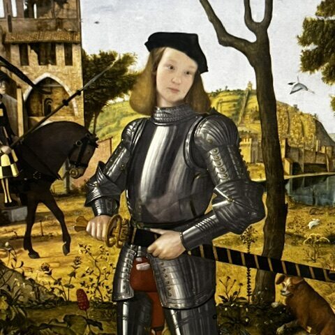 IMG_1604 – Karen Kysar stylized art of a knight in armor with a castle in the background.